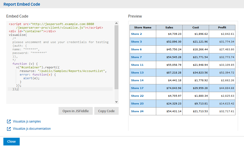 js Report GetEmbedCode