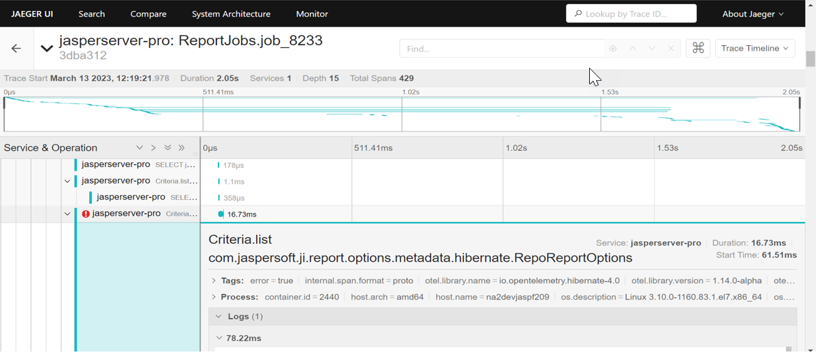 Error captured using OTel in Jaeger UI