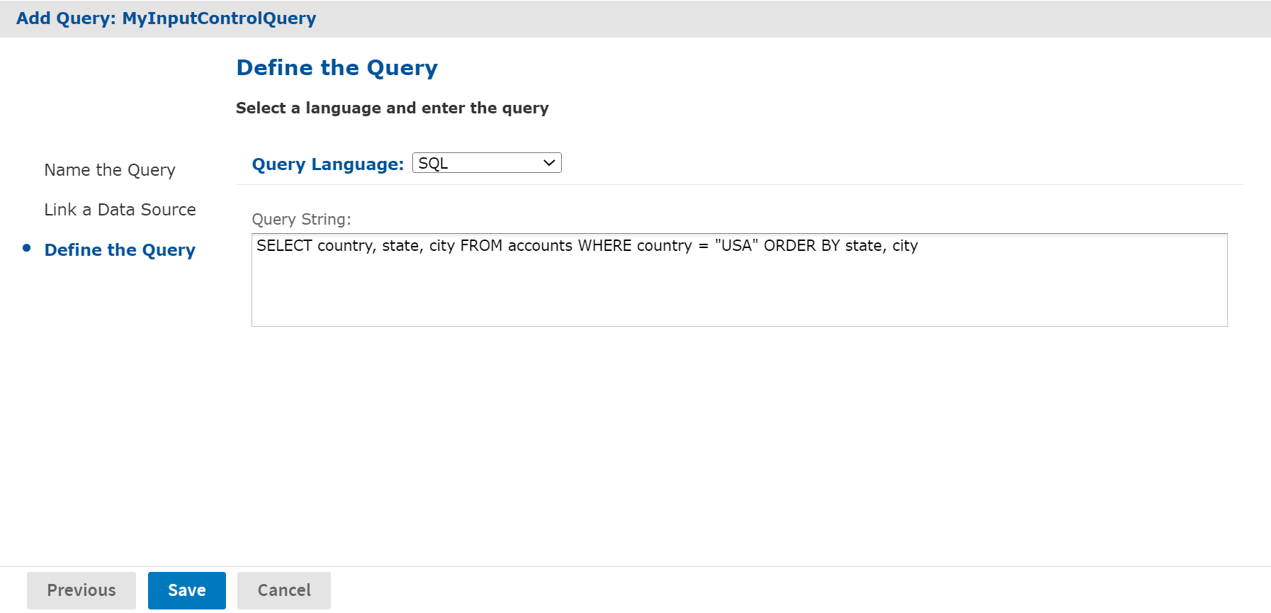 js AddInputControl AddQuery Define