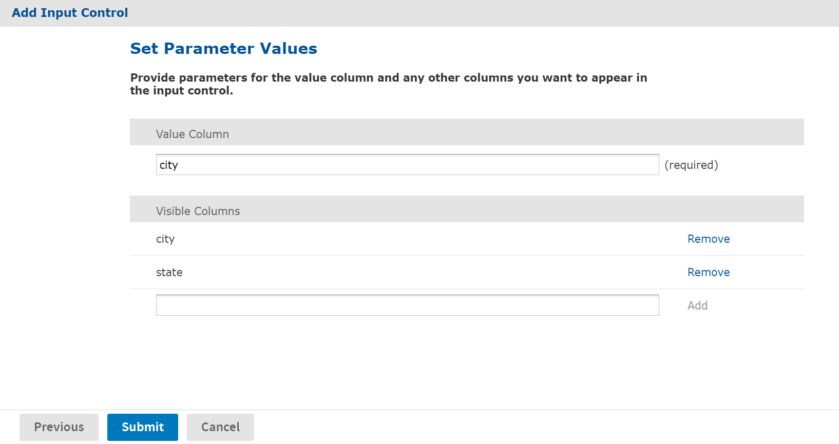 js AddInputControl SetParameterValues