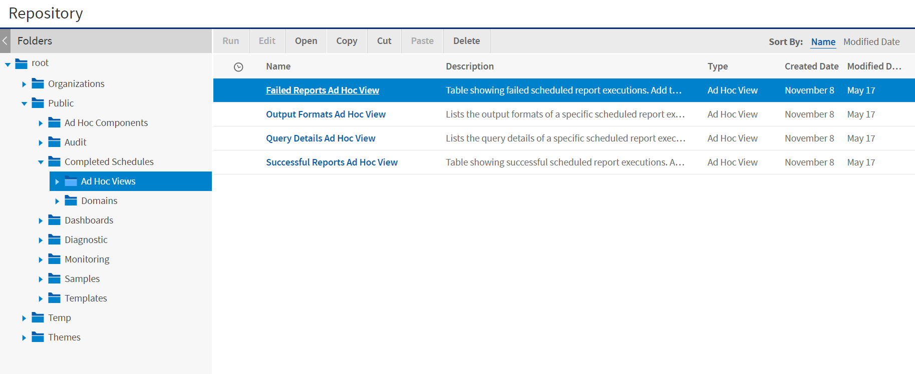 js repository Completed Schedules Ad Hoc views