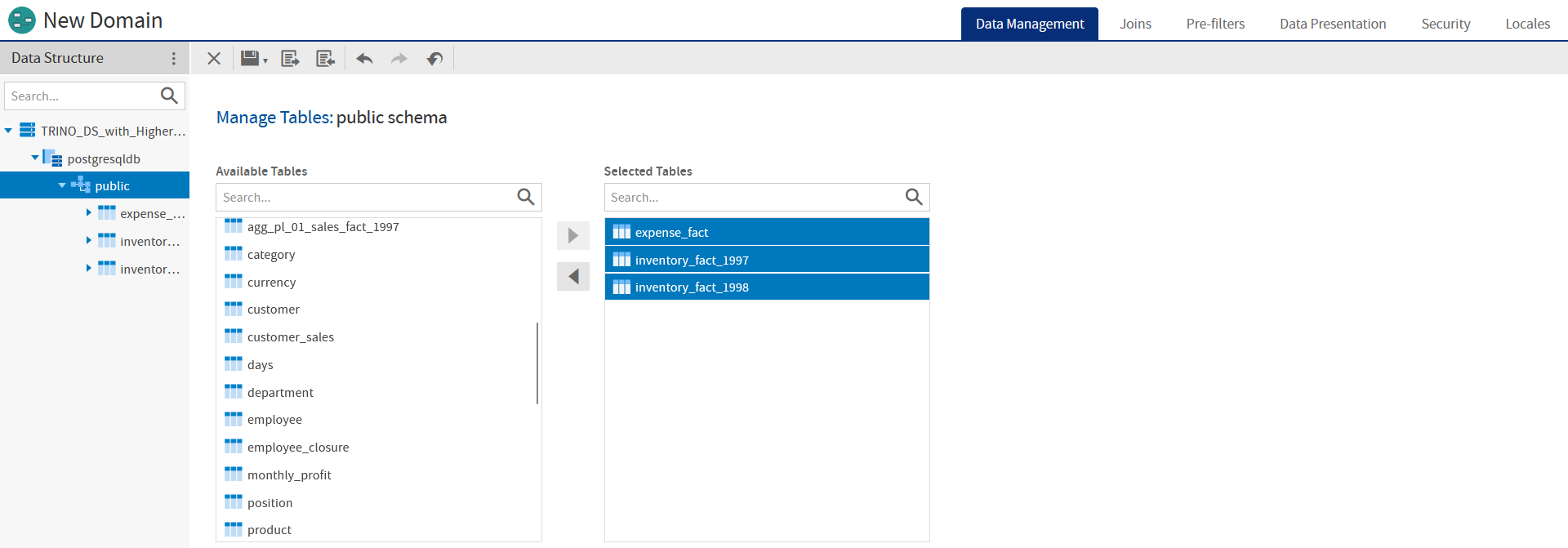 js DomainDesigner data management tables trino
