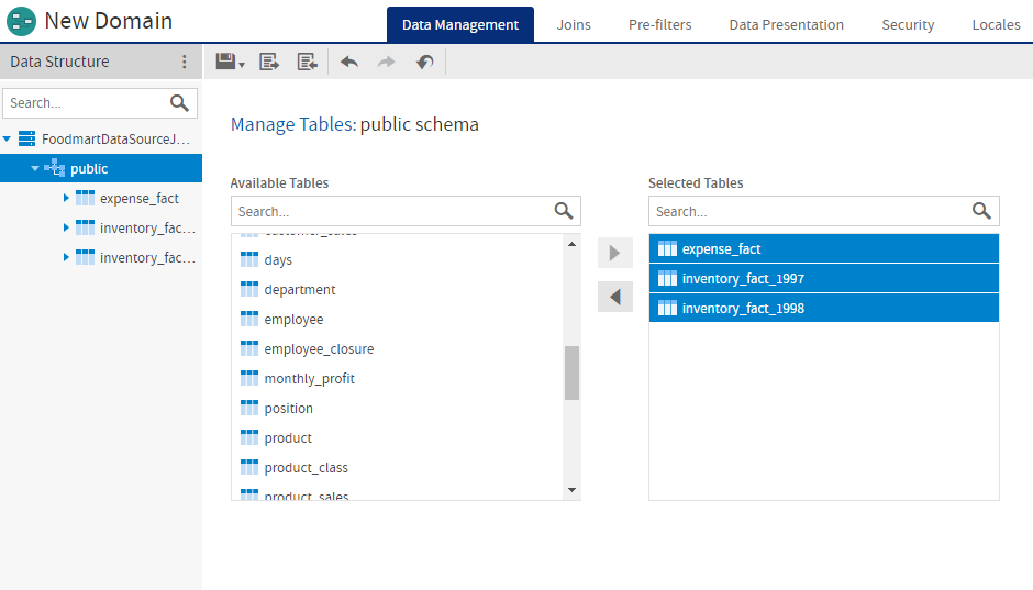 js DomainDesigner data management tables