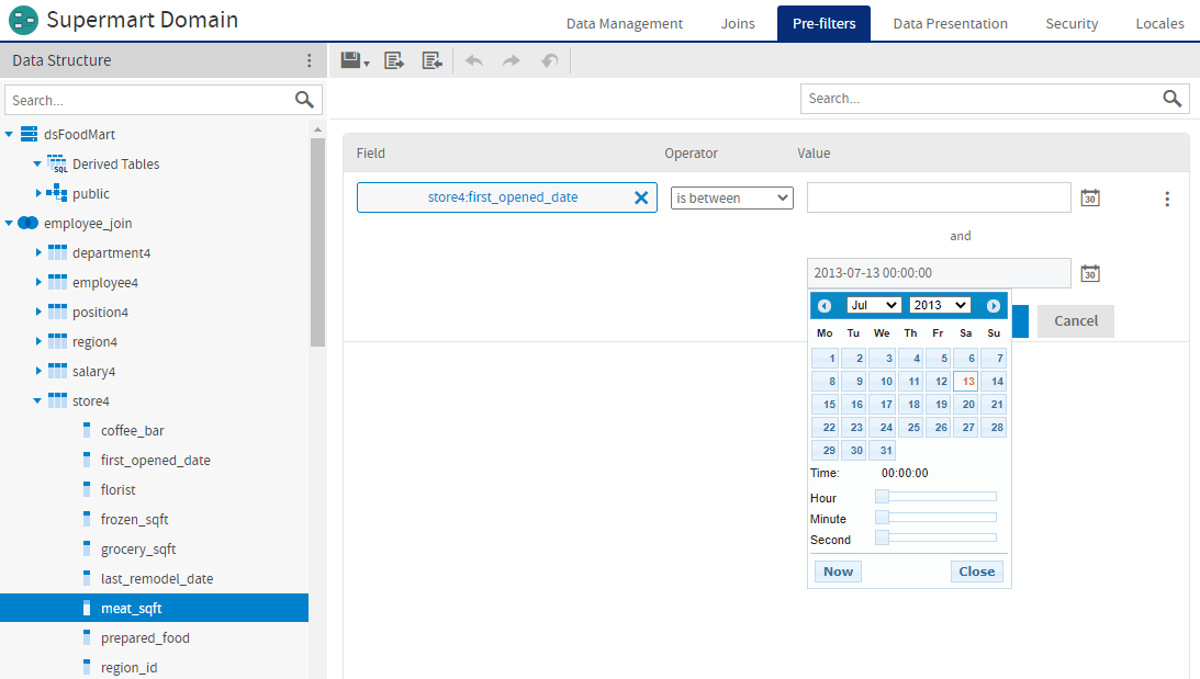 js DomainDesigner pre filter date range