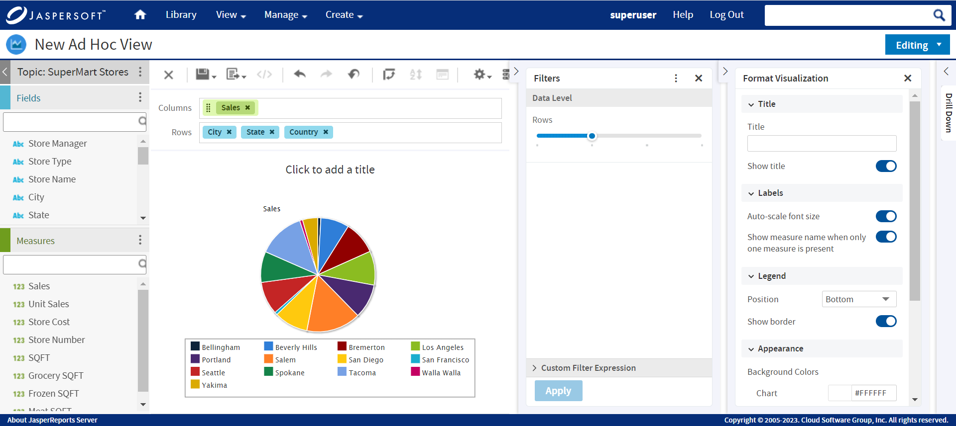 AdhocView piechart columns rows