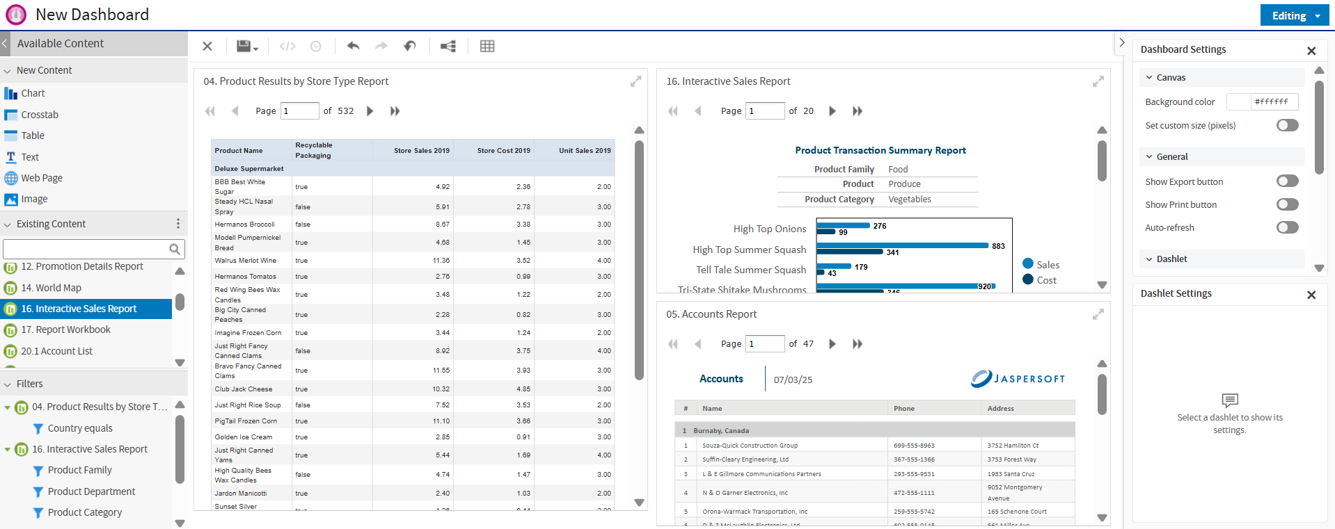 js Dashboard Example ThreeReportCanvas(Print)