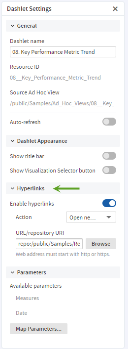 js DashletProperties Hyperlinks