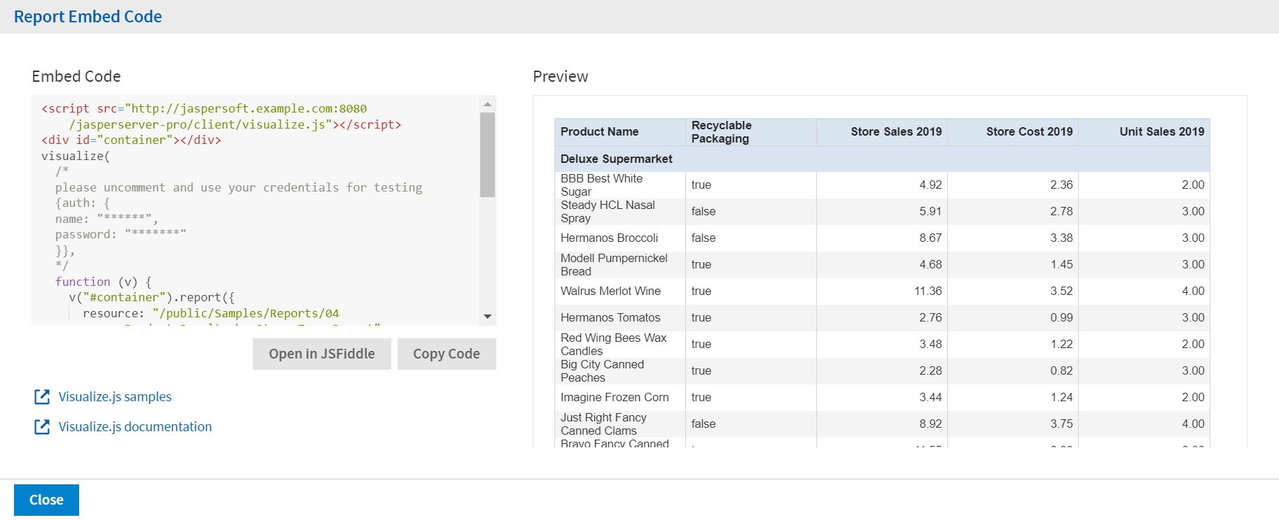 js Report GetEmbedCode