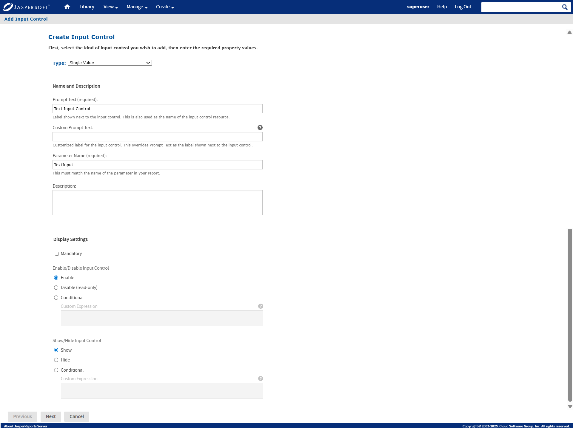 js ReportWizard InputControl textinput properties1