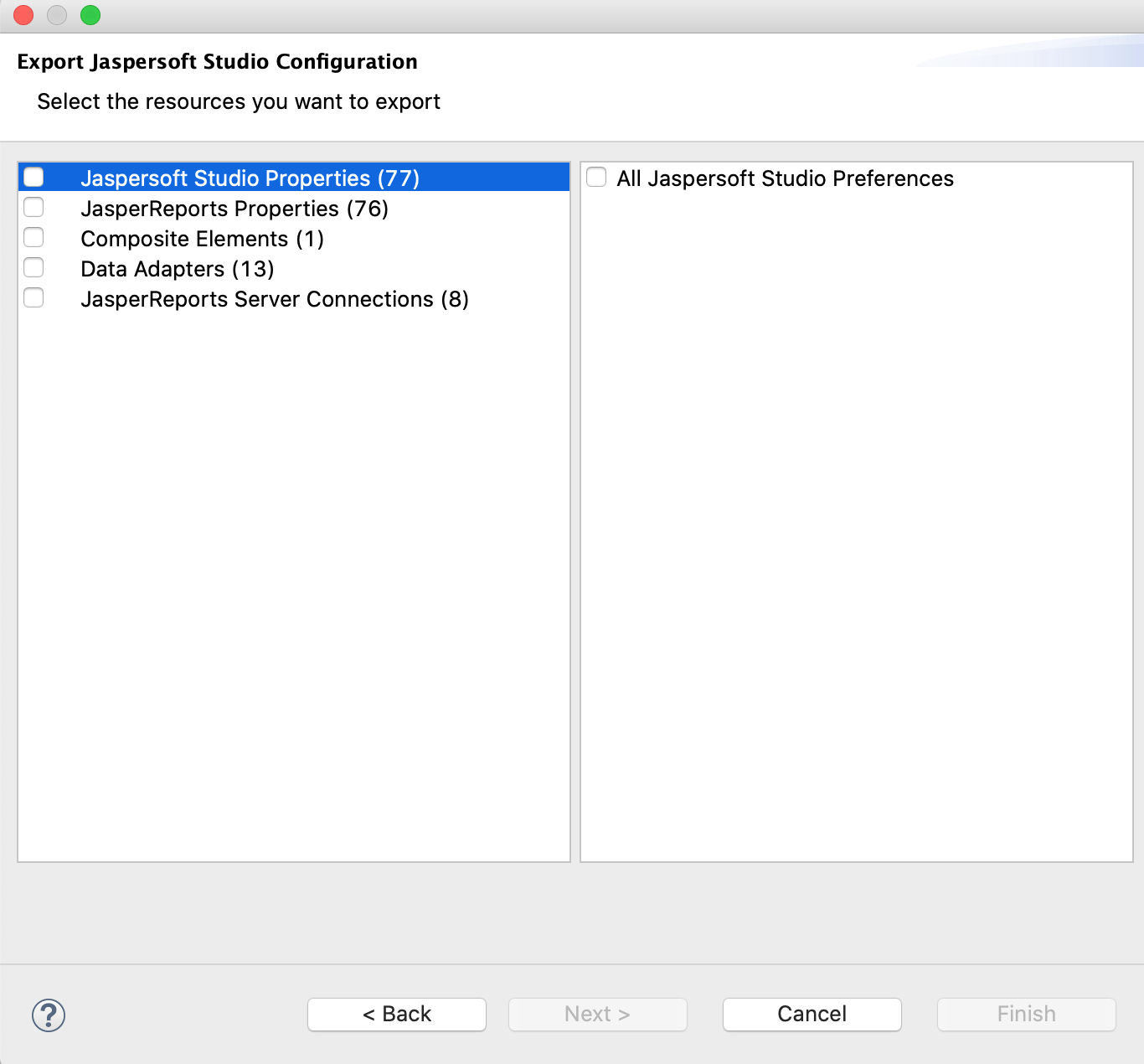 Export Jaspersoft Studio Configuration Wizard