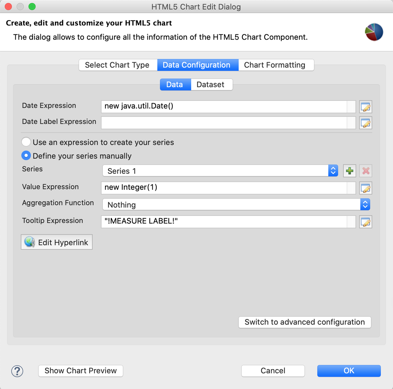 Simple data configuration view for time series charts