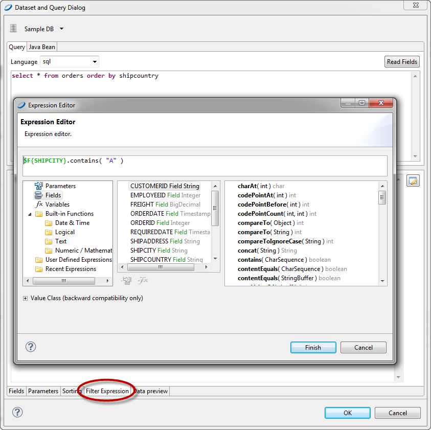 filter expression tab