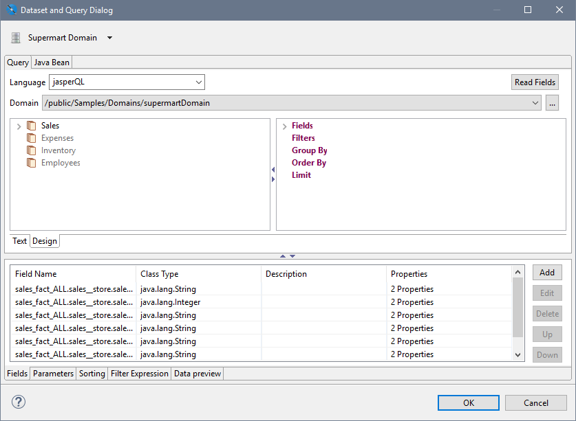 jss DataSetQuery jasperQLDesigner