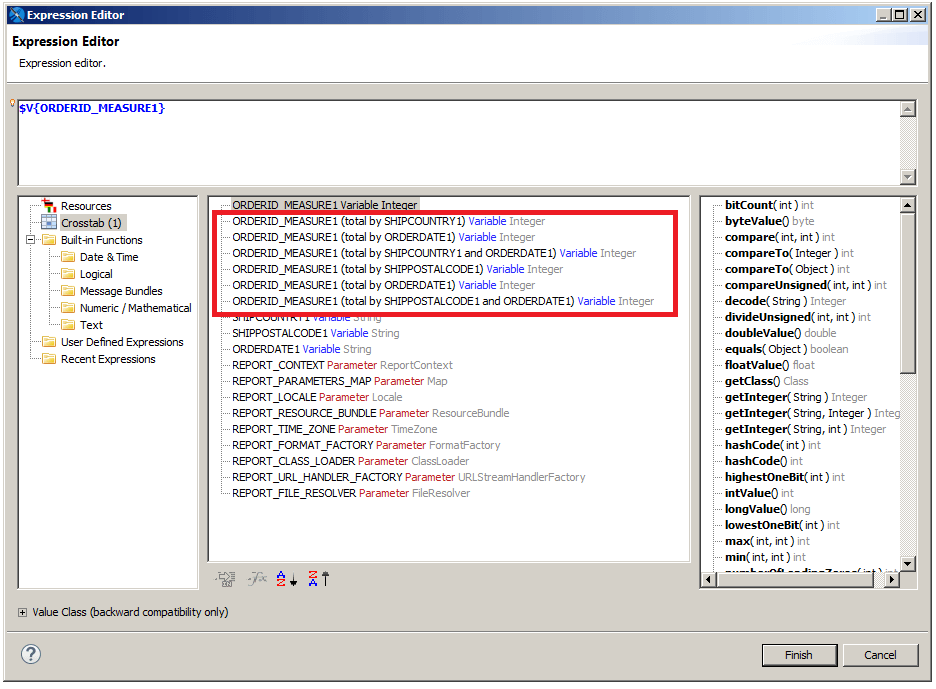 jss crosstab total variables expression editor