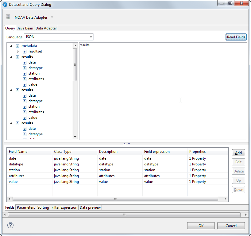 jss json dataset and query fields
