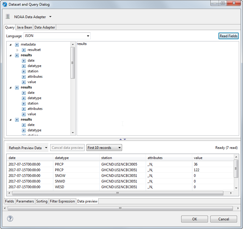 jss json dataset and query preview