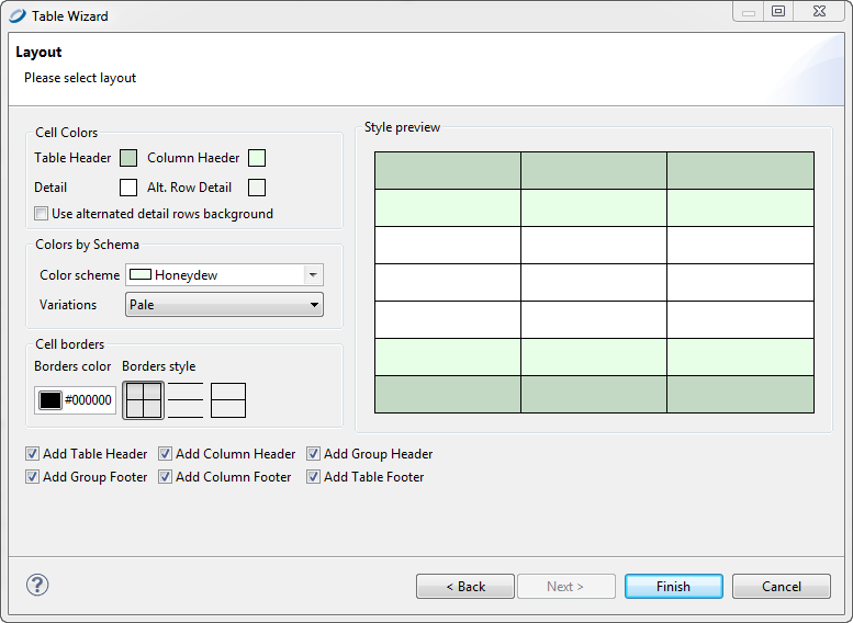table wizard layout
